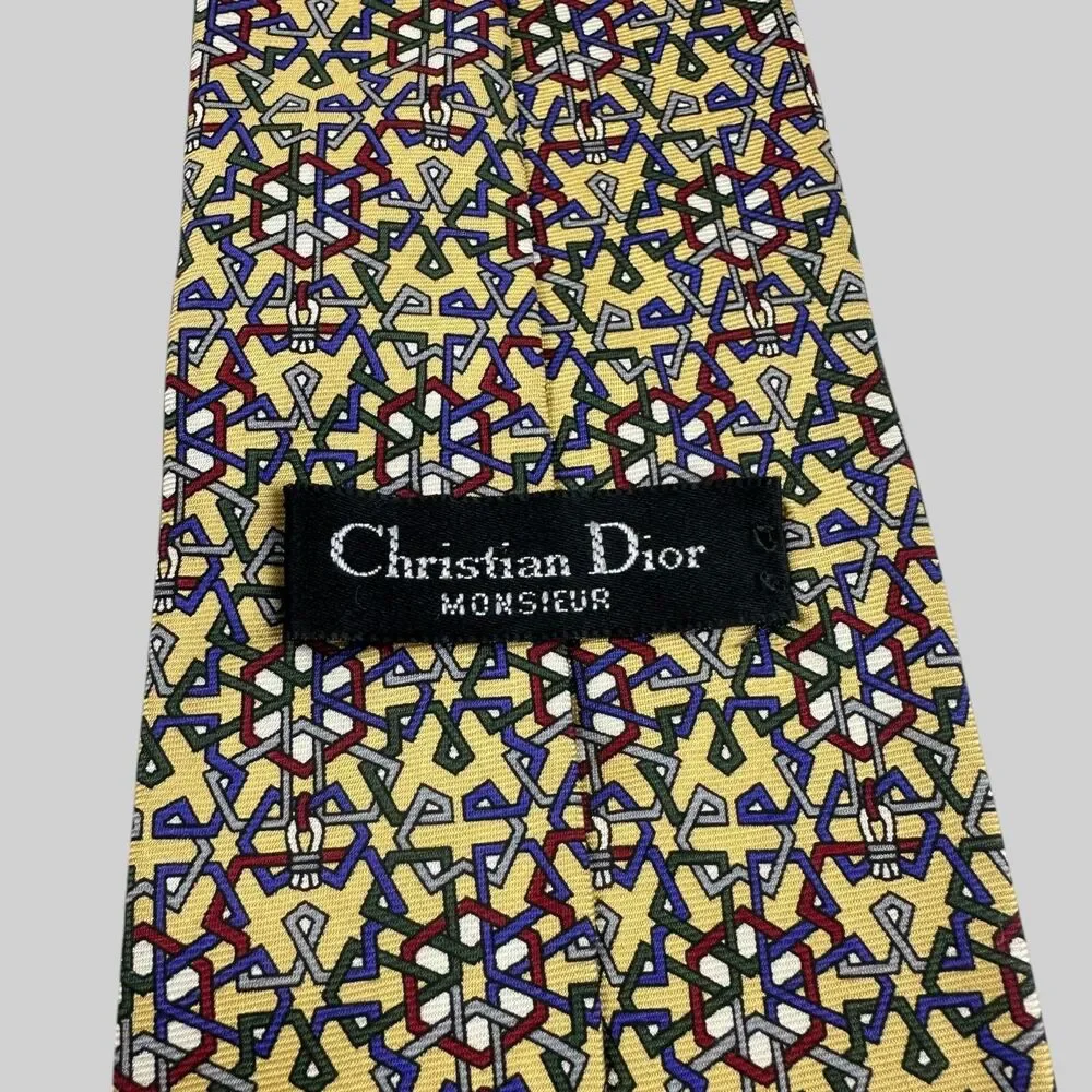 Christian Dior Monsieur Men's Silk Tie 58 x 3.75 Geometric 80's Yellow Blue Red